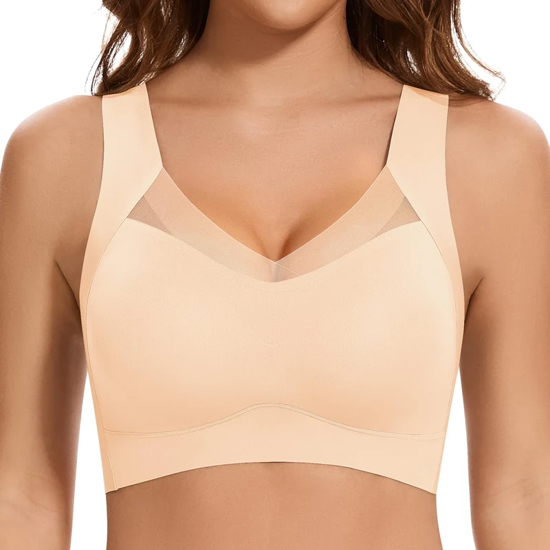 Cavotor Wireless Bras for Women Comfort Support Non Wired Sport Bra for Large Busts Seamless Padded Bralettes (Beige,XL)