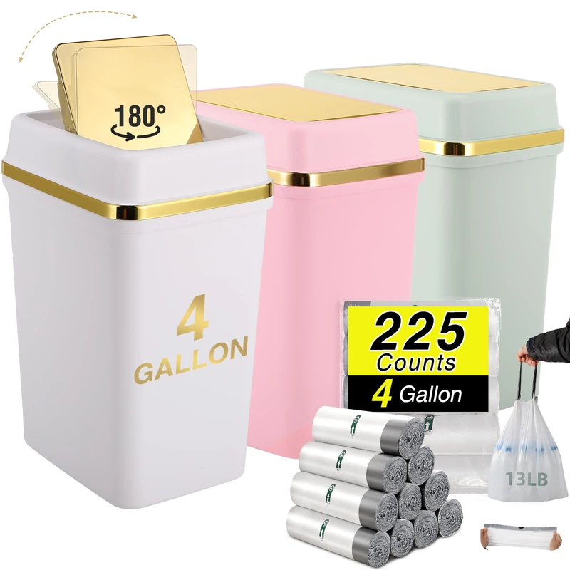 WSBArt Bathroom Trash Can with Lid 4 Gallon Small Trash Can with Swing Lid White/Pink/Green Bathroom Garbage Can with 225 Counts Trash Bags for Kitchen Bedroom Office