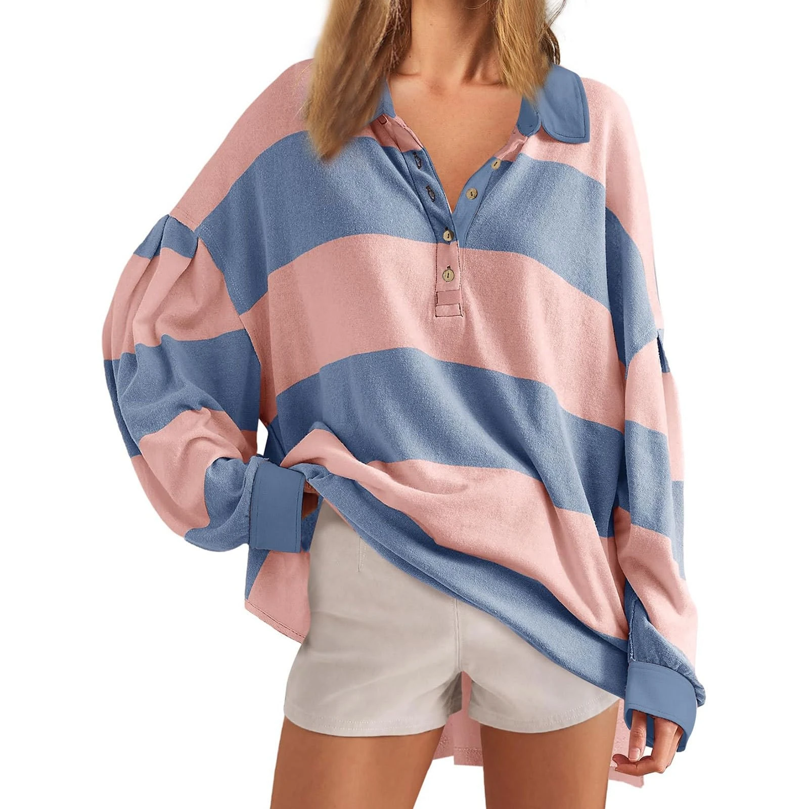 Women Long Sleeve Striped Polo Shirt Pullover T Shirt Oversized-Collar Y2K Casual Loose Streetwear Rugby Sweatshirt Half-Button Ladies Sweatshirts Without Hood Long Sleeve Tops