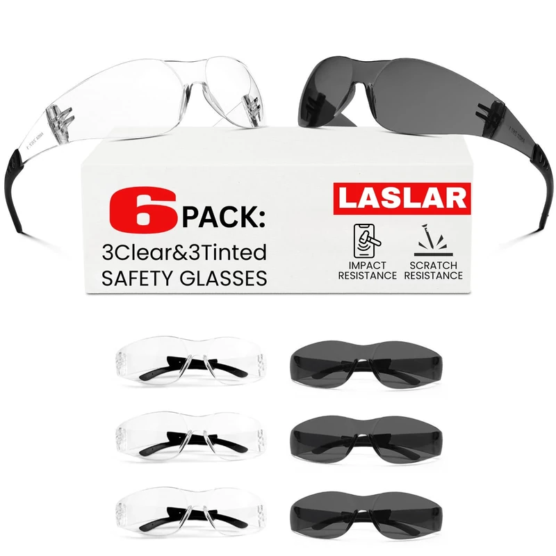 Laslar Safety Glasses for Work 6 pack(3pack Clear Safety Googles+3pack Tinted) Scratch & Impact Resistant eye protection glasses for Construction, Outdoor Sports & Gifts for Valentine's Day Men