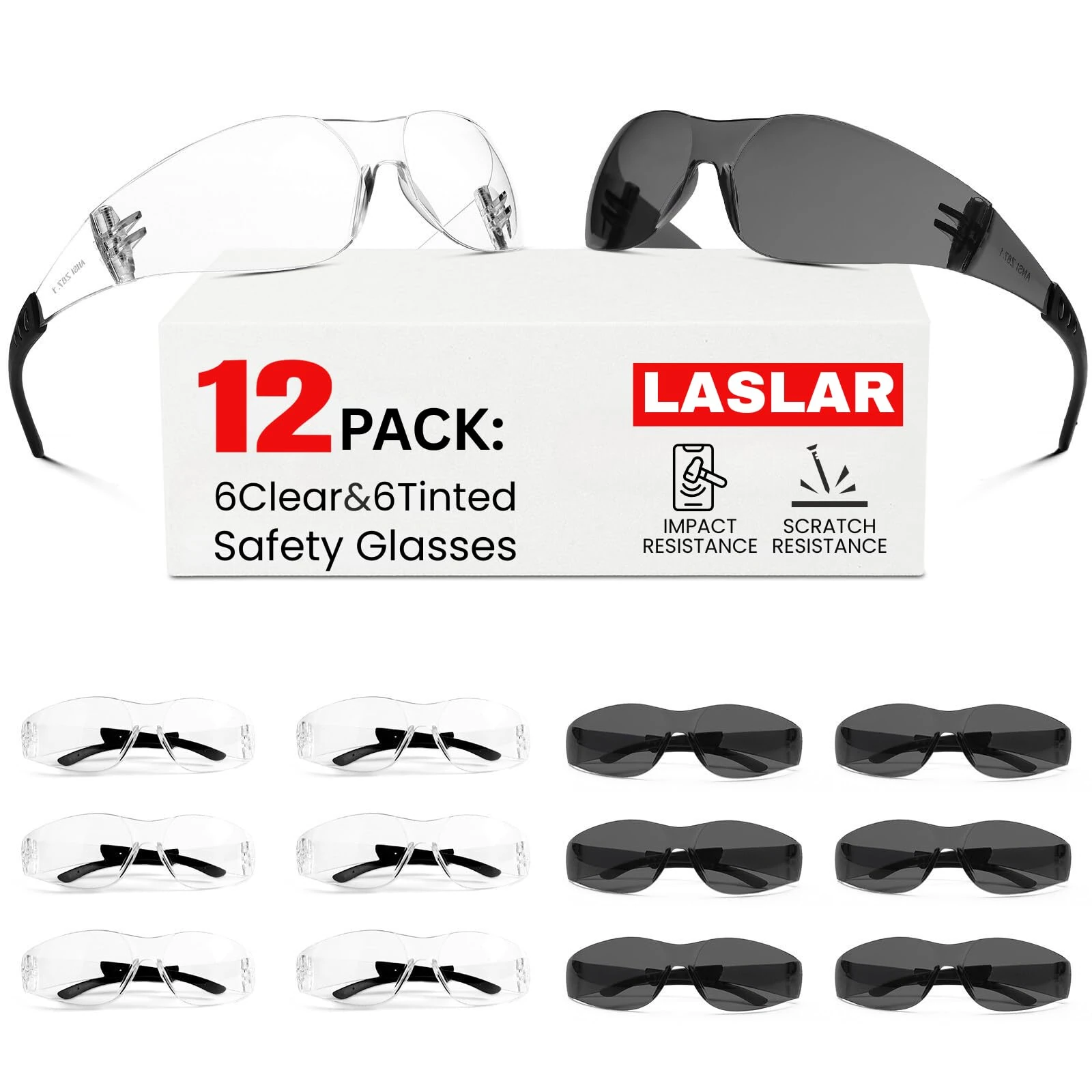 Laslar Safety Glasses for Work 12 pack(6pack Clear Safety Googles+6pack Tinted Safety Googles) Scratch & Impact Resistant eye protection glasses for Construction, Outdoor Sports & Work