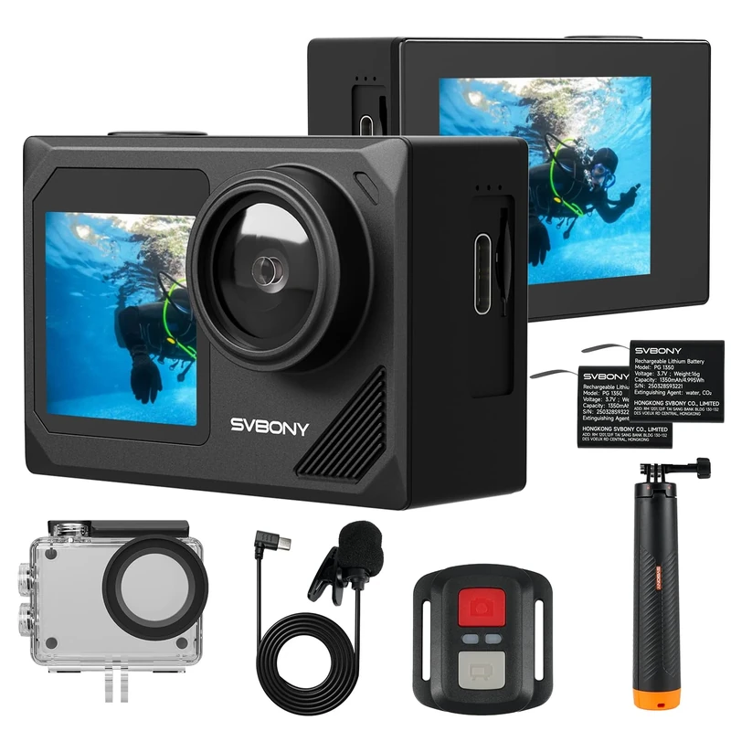 SVBONY SVGo2 4K Underwater Camera, 30fps Action Camera with Telescopic Selfie Stick Holder, EIS, 30M Waterproof, Touchscreen, Dual Screens 2x1350mAh Batteries External Microphone for SnorkelingSkiing