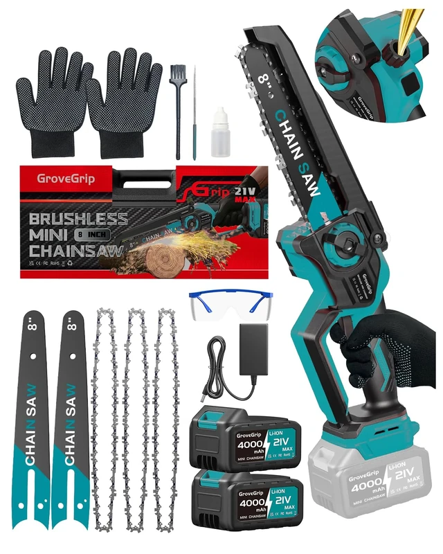 Mini Chainsaw Cordless 8-Inch, 8000mAh Battery & 3 Chain,1400W Brushless Electric Chain saws & Quick Charger,Lightweight Chain Saw for Wood Cutting &Tree Pruning&Auto Oiler-Upgrade-Gift Set