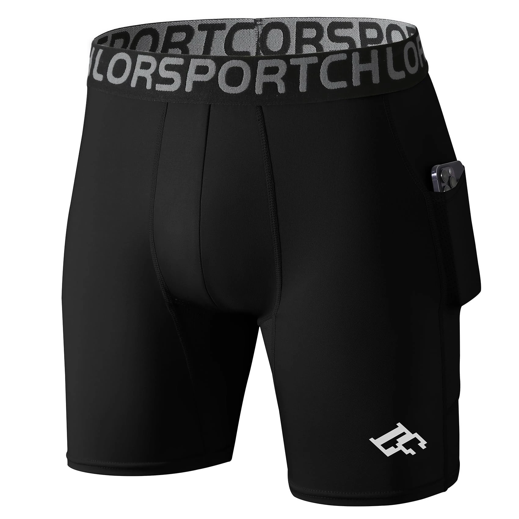 LORSPORTCH Mens Compression Base Layer Shorts Sports Running Tights Underwear Gym Athletic Workout with Phone Pockets Black L