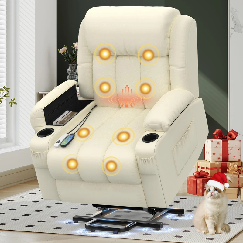YONISEE Lift Chair Recliners for Elderly, Recliner Chair with Massage & Heat, Extended Footrest, Riser Reclining Chair with Type C+USB, 2 Cup Holders & 4 Side Pockets, 2 Hidden Armrest Storage