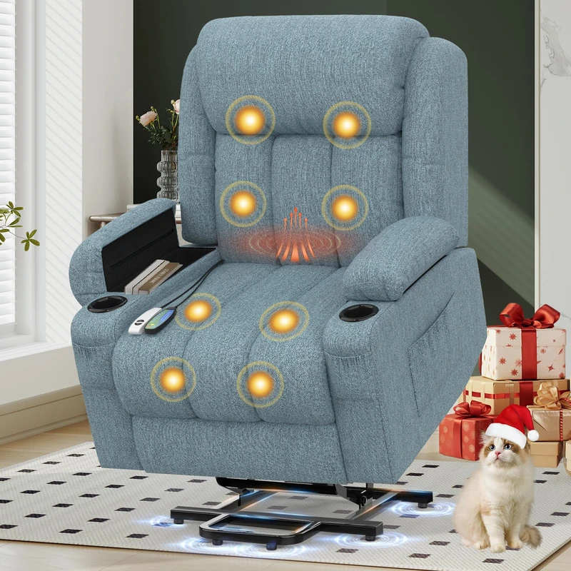 YONISEE Lift Chair Recliners for Elderly, Recliner Chair with Massage & Heat, Extended Footrest, Riser Reclining Chair with Type C+USB, 2 Cup Holders & 4 Side Pockets, 2 Hidden Armrest Storage