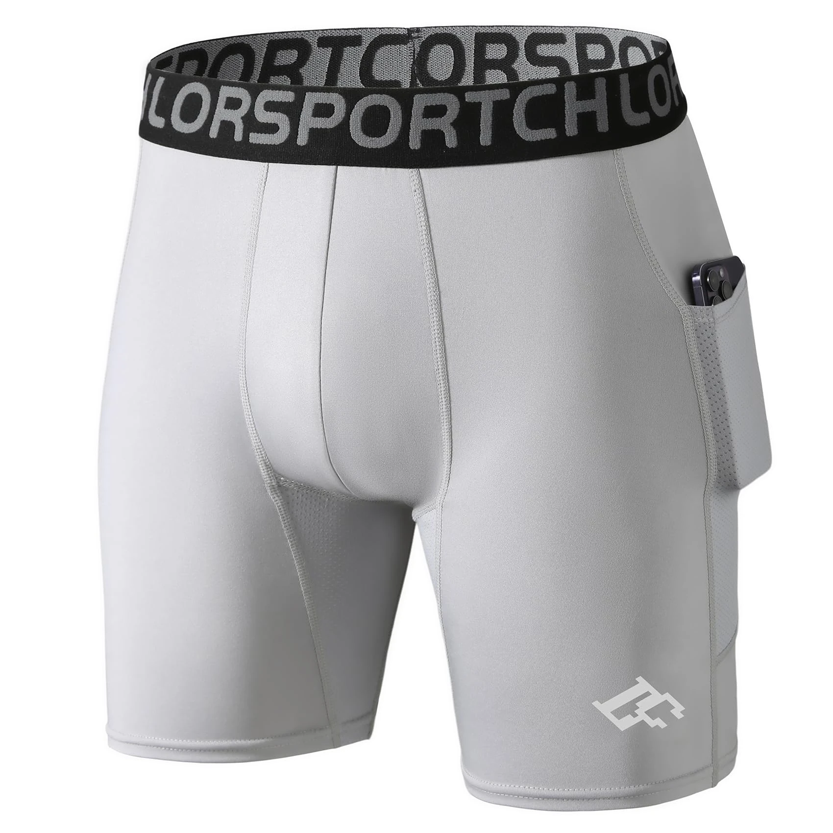 LORSPORTCH Mens Compression Base Layer Shorts Sports Running Tights Underwear Gym Athletic Workout with Phone Pockets Grey M
