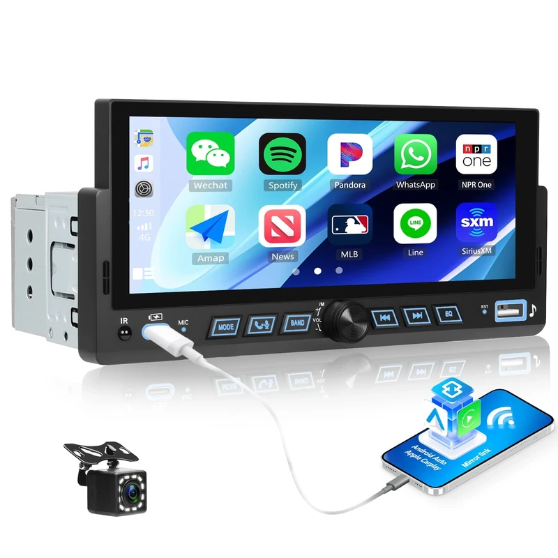 OiLiehu Single Din Car Stereo with Wireless CarPlay Android Auto, 6.86" Car Radio 1 Din with Touchscreen, MP5 Multimedia Player with Mirror Link, Bluetooth, FM, USB, Type-C, EQ, SWC, Back Camera