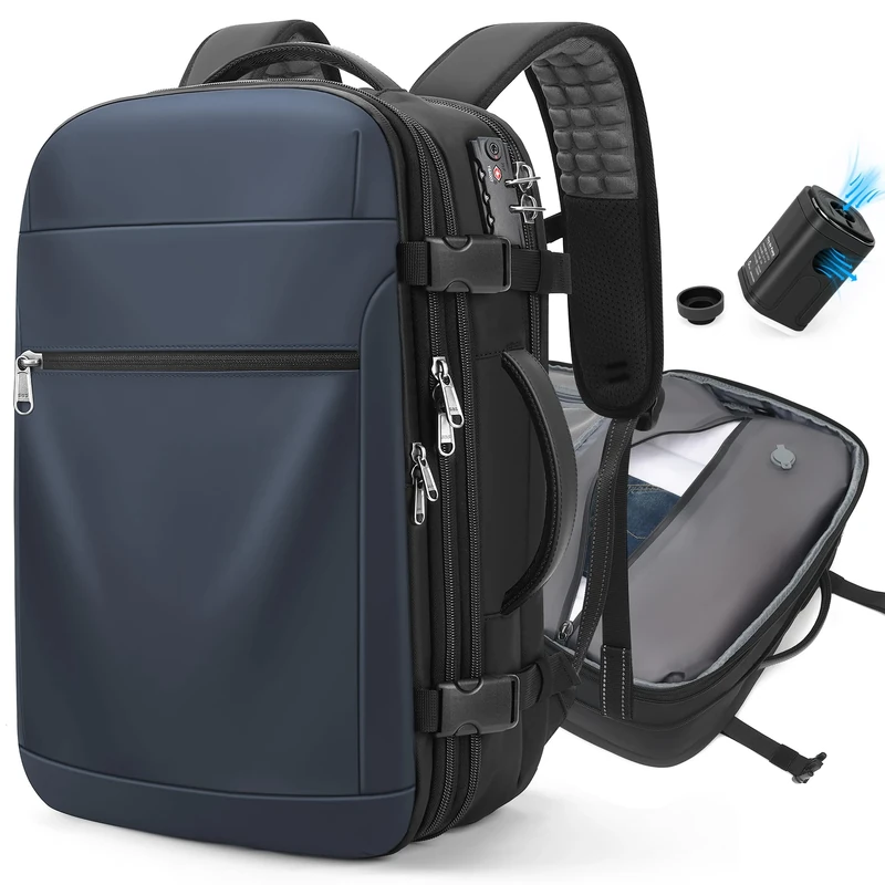 LOKASS Vacuum Seal Compression Travel Backpack 60L Expandable, Anti Theft Travel Cabin Bag, Water Resistant Carry on Backpack, School Rucksack Gift for Men and Women, Blue