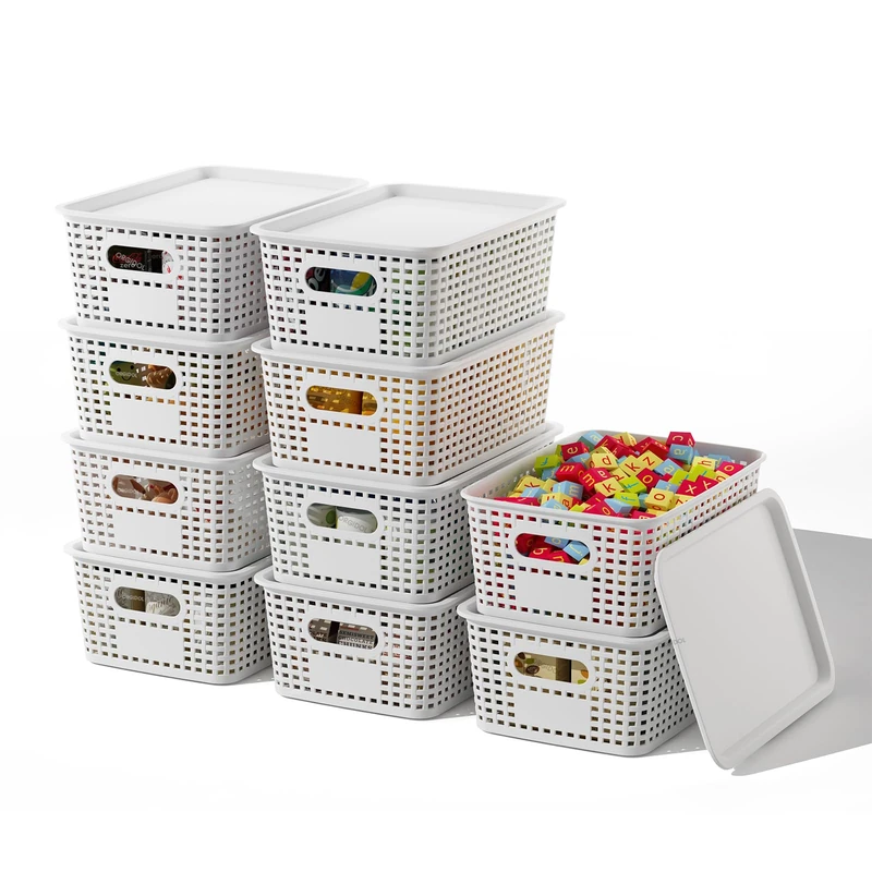 ORGIDOL Colorful Storage Bins Basket wtih Lids (White, 10 Pack)