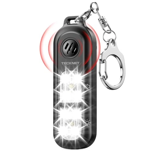 TECKNET 135dB Personal Alarms for Women with SOS Strobe Light, Rechargeable Clip On Torch & IPX4 Waterproof Running Lights, Safety Siren Panic Alarm with Keychain for Runners Kids Elderly, Grey