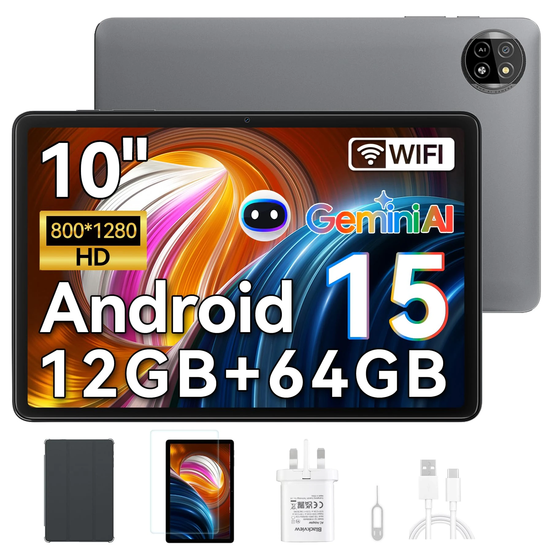 Blackview Tablet 10 inch Android 15, 2025 AI Tablet, 4GB RAM 64GB ROM 1TB Expandable, Quad-Core, Widevine L1, 1280x800 IPS Touchscreen, 5G WiFi, BT 5.0, Dual Camera, 6600mAh, Gray
