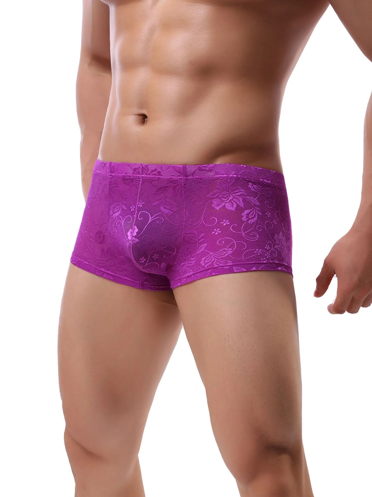 Summer Code Men's Lace Boxer Briefs Sheer Breathable Trunk Underwear Mesh Bulge Enhancing Pouch Underwear Soft Underpants, Purple, XX-Large