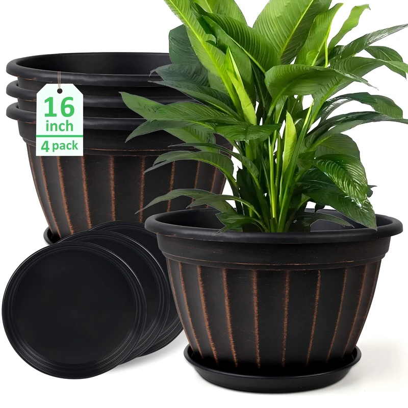 FGstyle 4 Pack 16 inch Plant Pots, Retro Vertical Stripe Planters with Drainage Holes and Saucer, Sturdy Plastic Garden Flower Pots for Indoor & Outdoor Plants(Black)