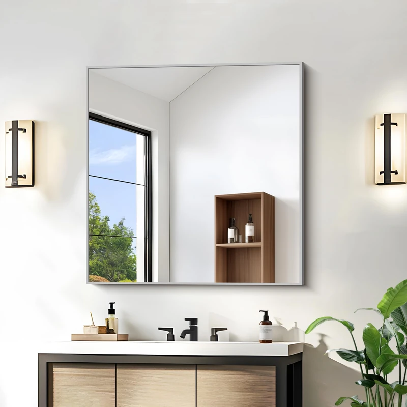 KOCUUY Bathroom Mirror, 30x30 Inch Square Silver Mirror with Aluminum Metal Frame,Silver Vanity Wall Mirror Modern Home Decor for Bathroom, Living Room, Farmhouse and Entryway