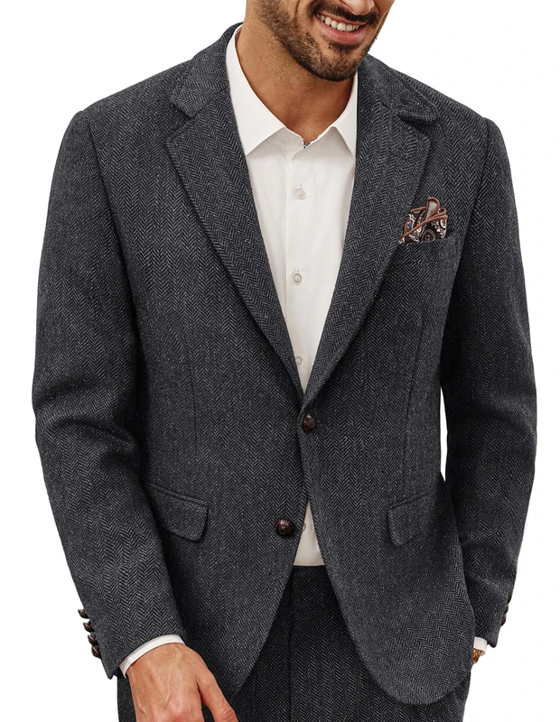 PJ PAUL JONES Tweed Jacket for Men Wool Blazer Herringbone Blazer Jacket Sports Coats Regular Fit XXL Dark Gray