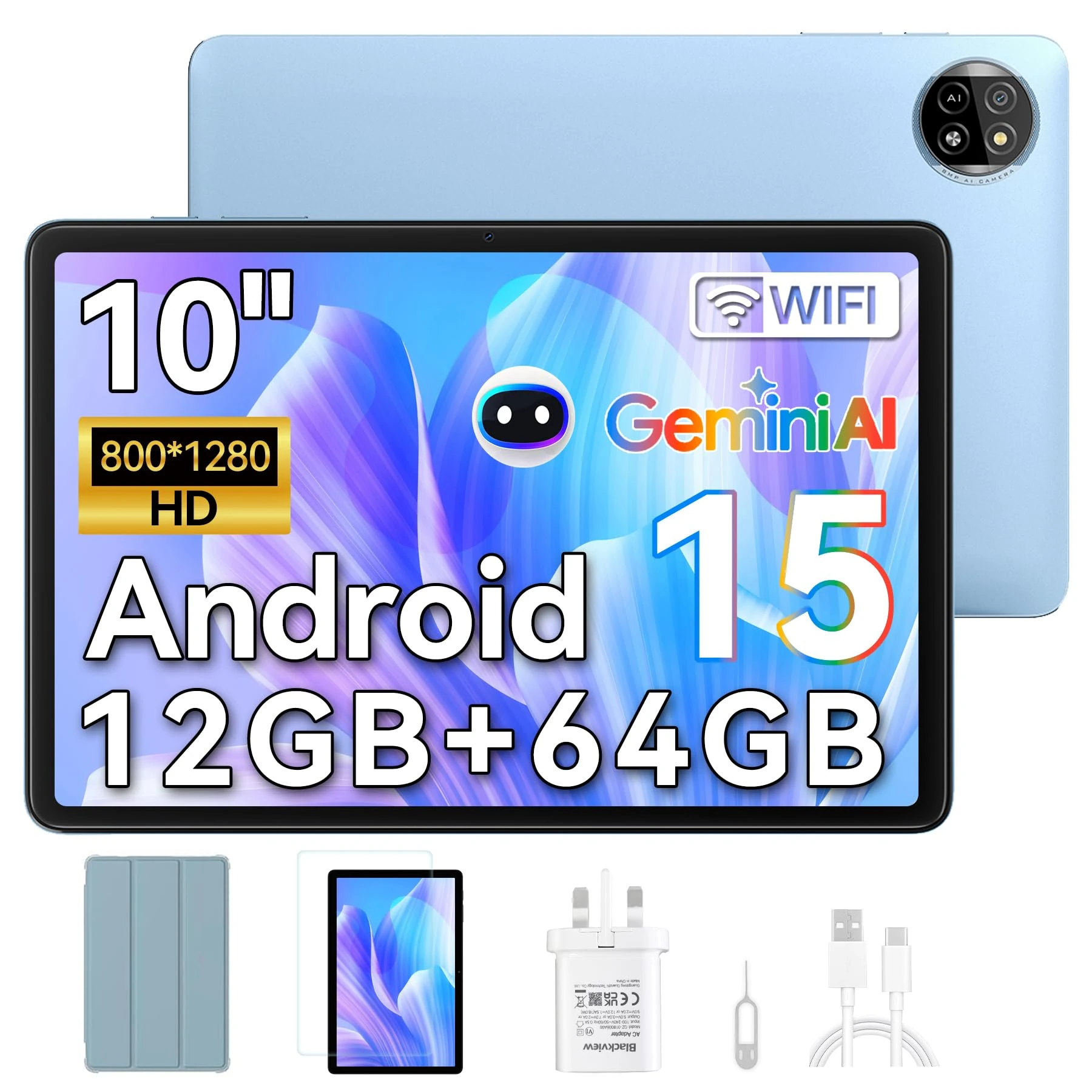 Blackview Tablet 10 inch Android 15, 2025 AI Tablet, 4GB RAM 64GB ROM 1TB Expandable, Quad-Core, Widevine L1, 1280x800 IPS Touchscreen, 5G WiFi, BT 5.0, Dual Camera, 6600mAh, Blue