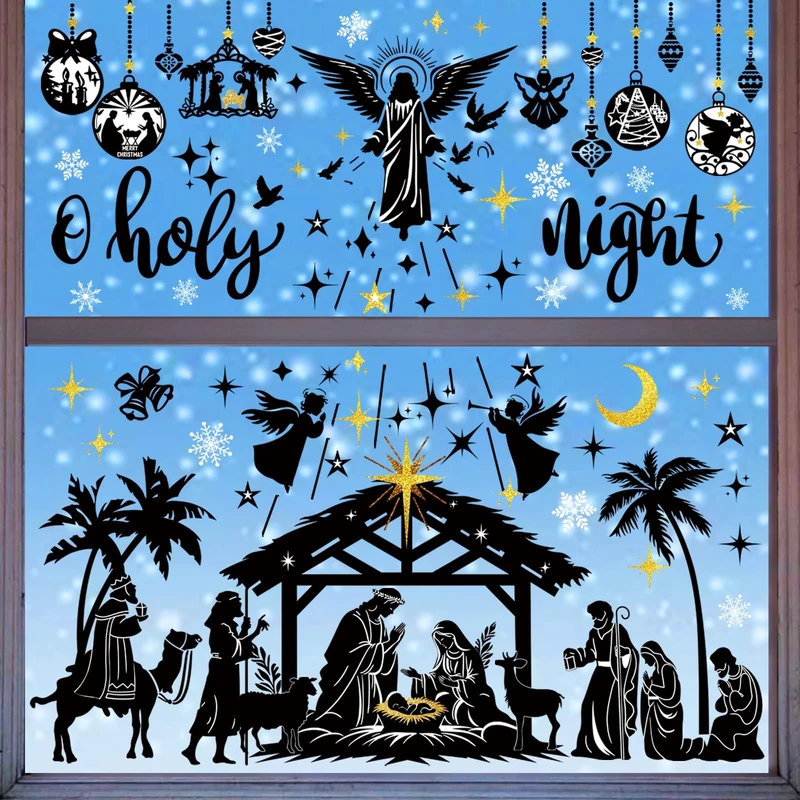 wondever Jesus Nativity Scene Window Clings Holy Night Religious Silhouette Christmas Glass Sticker Decal Anti Collision Double-Side Static Window Decals for Home Xmas Holiday Party