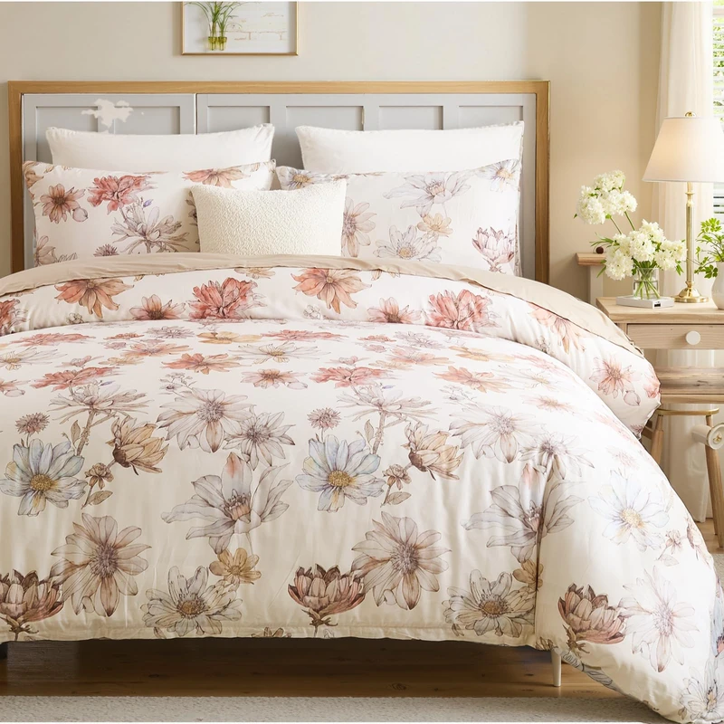 Cozaline 100% Cotton Duvet Cover Queen Size – Cream Hand-Drawn Watercolor Blooms Duvet Cover Set with Zipper Closure & Corner Ties, 3-Piece Luxury & Silky Soft Bedding Set for All Seasons
