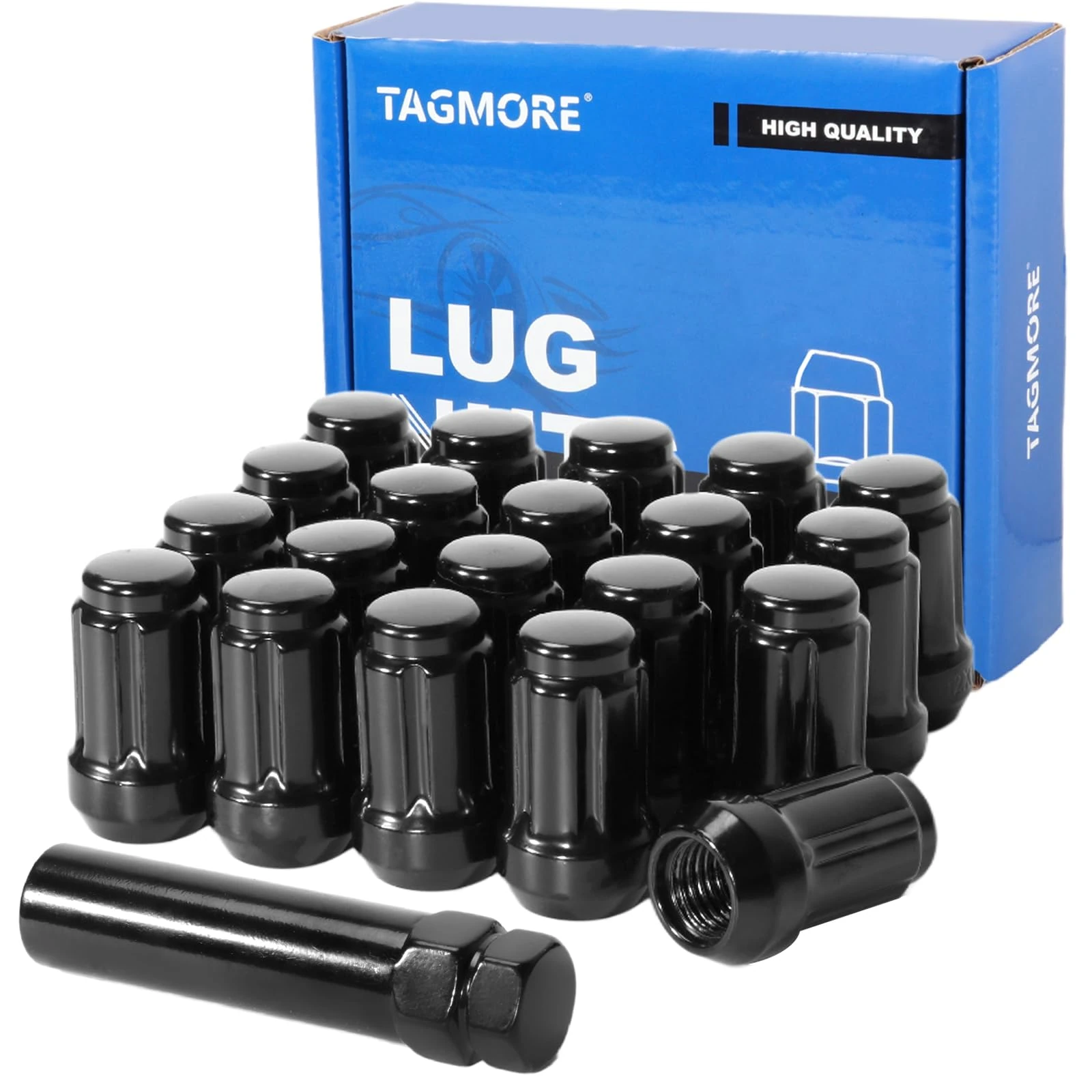 TAGMORE 20pcs 1/2"-20 Spline Lug Nuts - Compatible with 1987-2018 Wrangler, 2002-2012 Liberty, 1993-2010 Grand Cherokee, 1984-2001 Cherokee, One-Piece Design Wheel Lug Nut Set with Socket Key (Black)