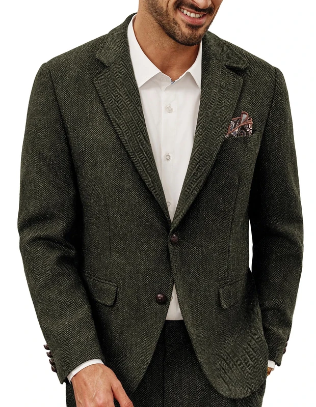 PJ PAUL JONES Men's Blazers Casual Tweed Jacket Vintage Wool Blazer Smart Sports Suit Jacket L Green