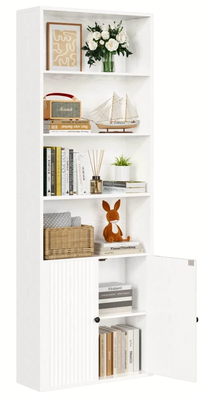 IRONCK Bookcase, Bookshelf with Doors, 6 Tier Tall Book Shelf, Shelving Unit, 60x23.5x180cm Free Standing Display Shelf for Living Room, Home Office, Dinning Room (white)