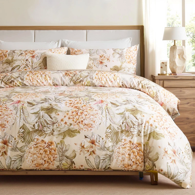 Cozaline 100% Cotton Duvet Cover Queen Size – Hydrangea Lily Floral Duvet Cover Set with Zipper Closure & Corner Ties, 3-Piece Silky Soft & Breathable Apricot Bedding Set for All Seasons