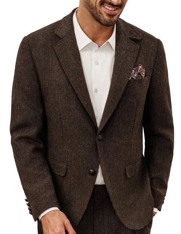 PJ PAUL JONES Tweed Jacket for Men Wool Blazer Herringbone Blazer Jacket Sports Coats Regular Fit XXL Brown