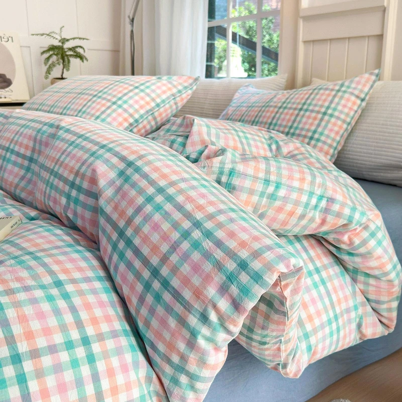 LifeTB Gingham Comforter Set Full Size Colorful Plaid Checkered Pattern Comforter Geometric Grid Plaid Printed Bedding Comforter Set with 2 Pillowcases Luxury Soft Fluffy Gingham Bedding Set Full