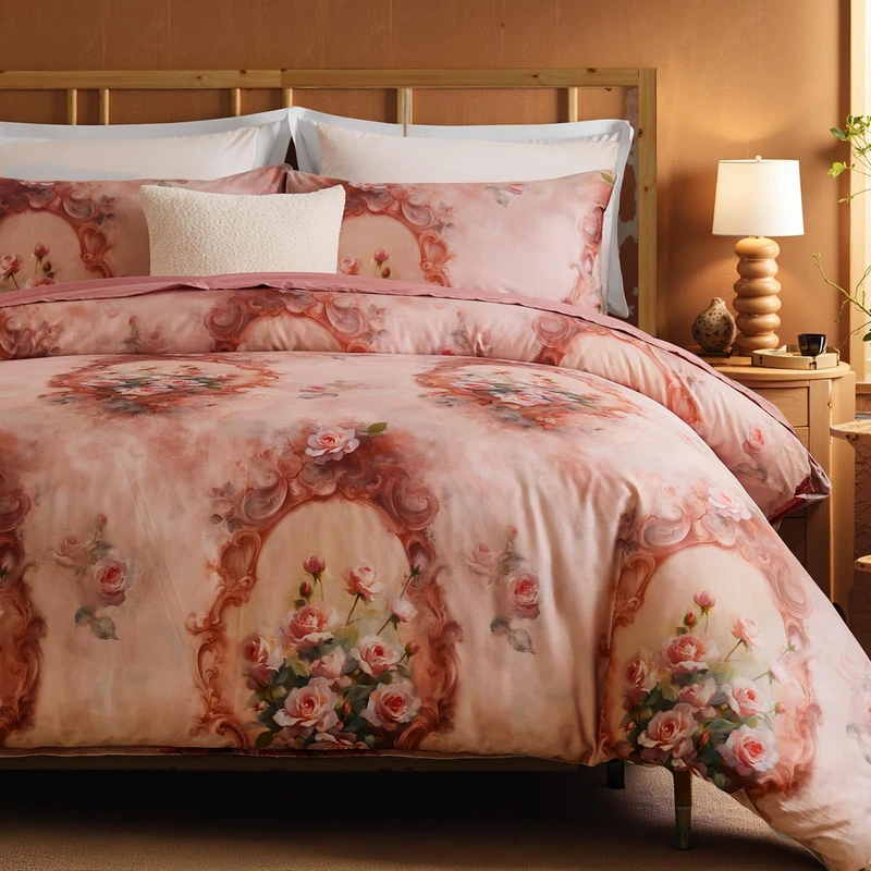 Cozaline 100% Cotton Duvet Cover Set King Size – Pink French Vintage Rose Bedding with Zipper Closure, 3-Piece Luxury Romantic Shabby Chic Floral Comforter Cover with 2 Pillowcases