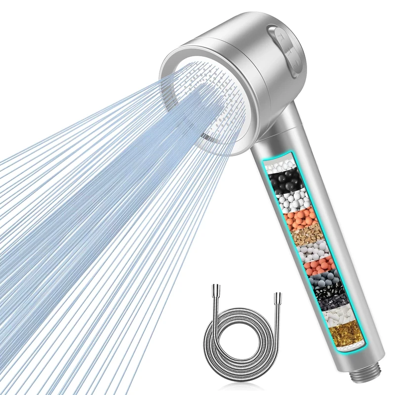MEKO Hard Water Filter Shower Head with 3 Modes, 15 Layers Filtration Water Saving High Pressure Shower Heads and 1.5m Hose, Massage Shower Filter for Residual Chlorine Remove Silver