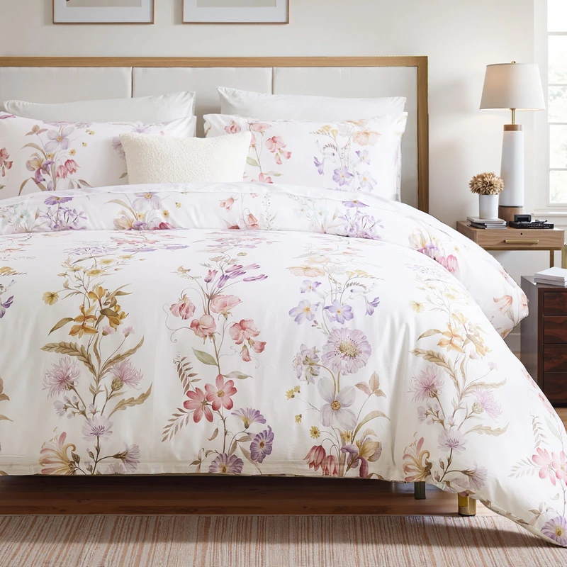 Cozaline 100% Cotton Duvet Cover King Size – Pastel Lavender Print Vintage Bedding Set with Zipper Closure, 3 Pieces Luxury & Silky Soft Comforter Cover for All Seasons