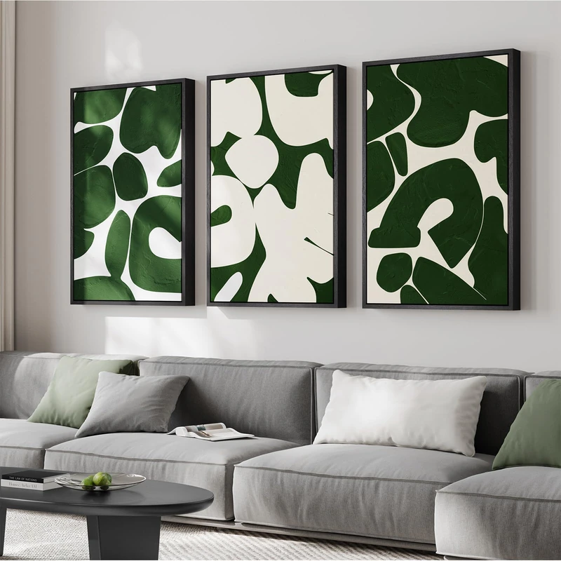 Large Framed Green and White Abstract Wall Art for Living Room, Set of 3 Minimalist Canvas Prints Paintings Artwork for Walls, Mid-Century Modern Pictures for Entryway, Hallway Wall Decor 24x36 In
