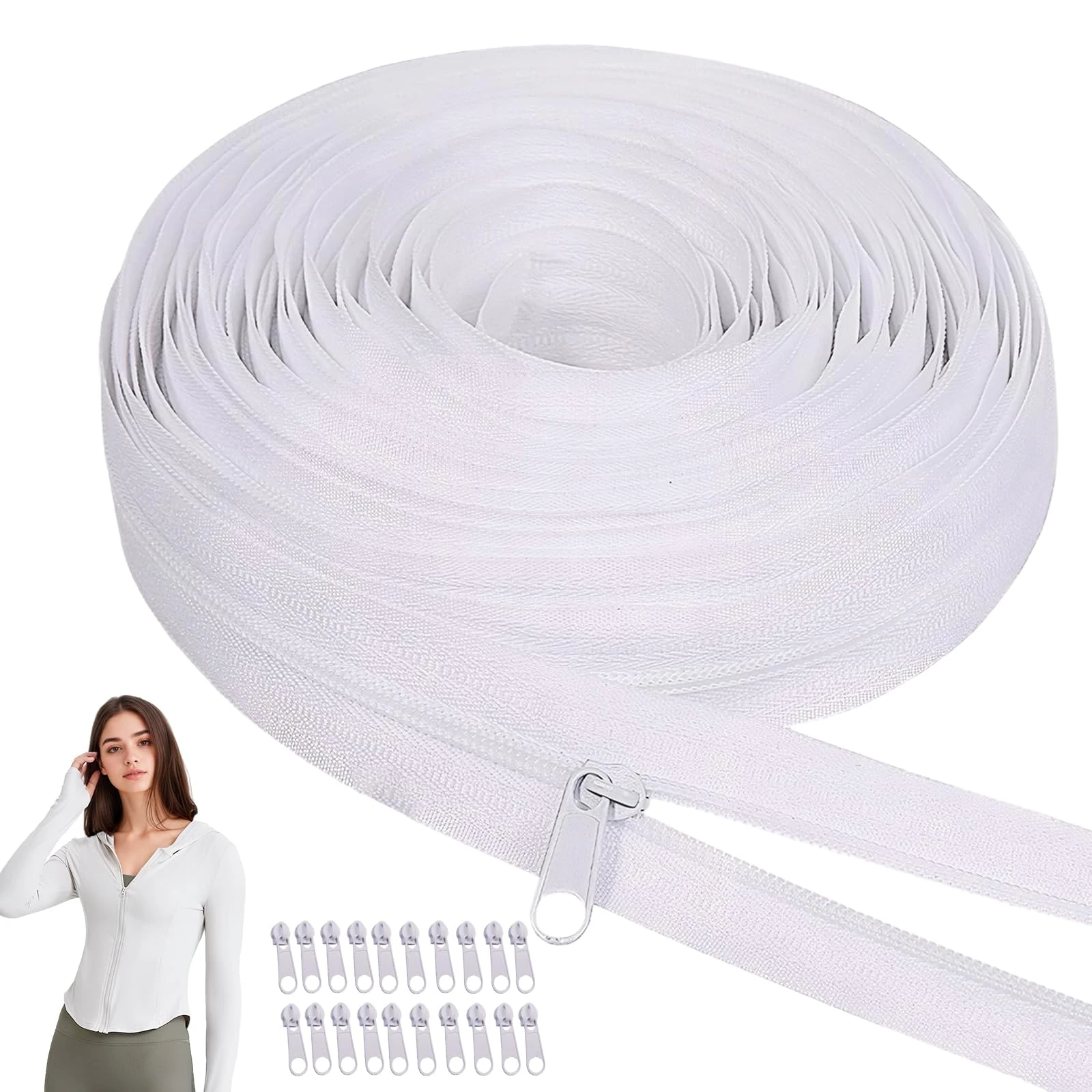 Zips for Sewing, 20 Meter White Zipper, Replacement Sewing Zippers for Repair DIY Crafts with 20 Pulls Zipper Sliders