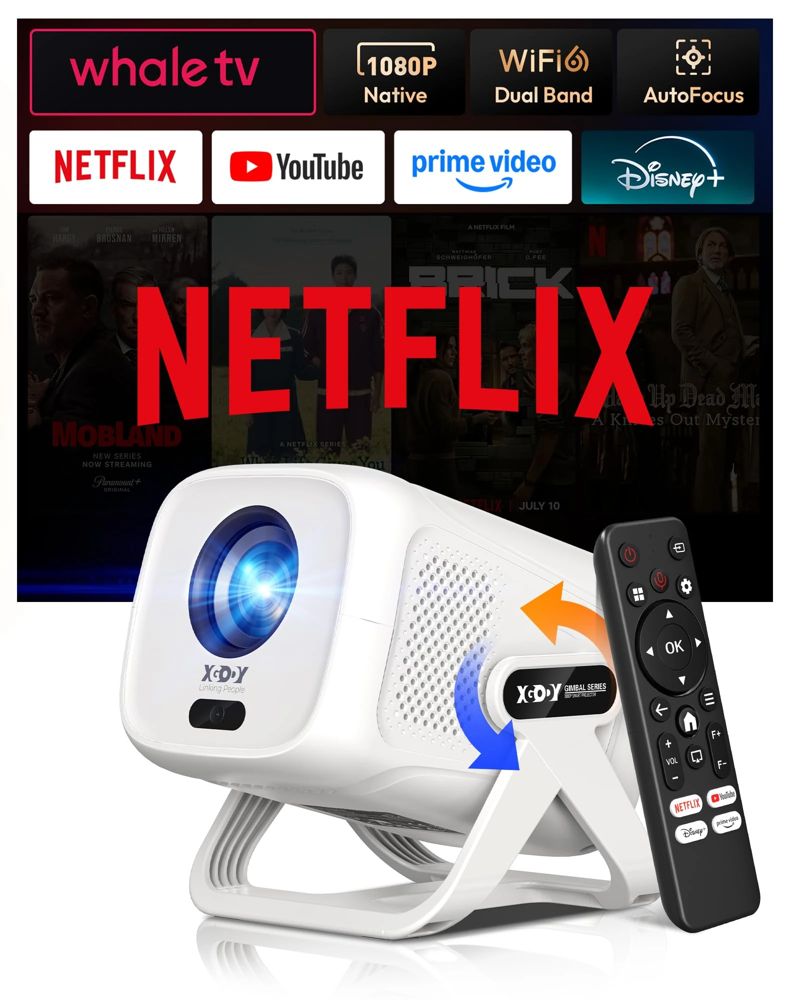 Compatible with Netflix & Auto FocusXgody Projector Native 1080P 4K Supported 450ANSI, Gifts for Christmas, Smart Projector, WiFi 6, Bluetooth 5.4, Rotatable Stand, Perfect for Home/Bedroom