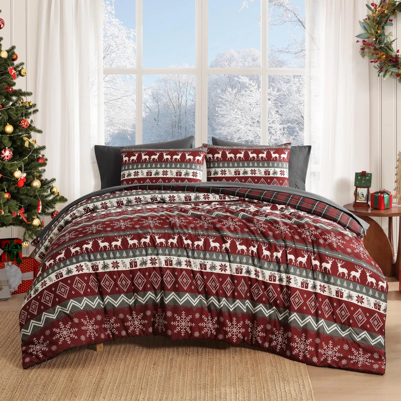 MaiRêve Christmas Red Full Size Comforter Set Holiday 7 Pieces Bed in a Bag