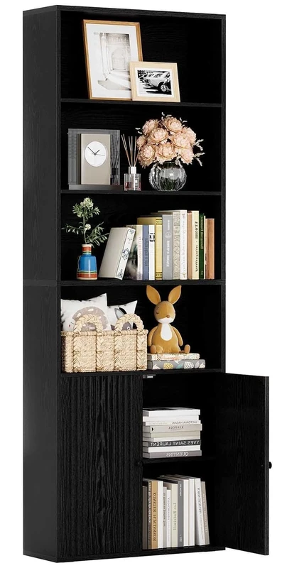 IRONCK Bookcase, Bookshelf with Doors, 6 Tier Tall Book Shelf, Shelving Unit, 60x23.5x180cm Free Standing Display Shelf for Living Room, Home Office, Dinning Room (black)