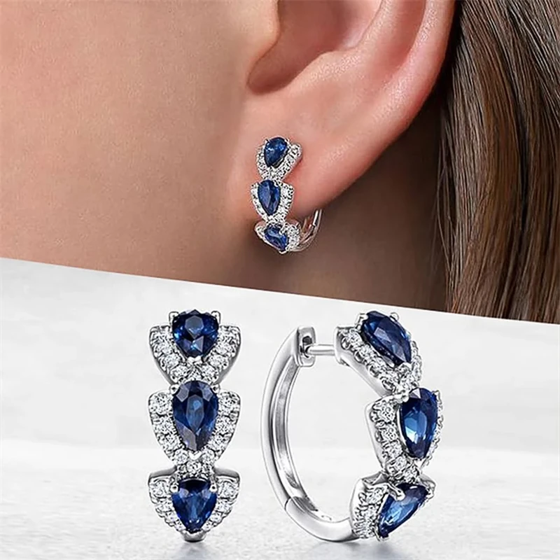 Trendy Pear Cubic Zirconia Hoop Earrings for Women Blue/White/Green/Red CZ Luxury Earrings, 0.71, Brass, Cubic Zirconia
