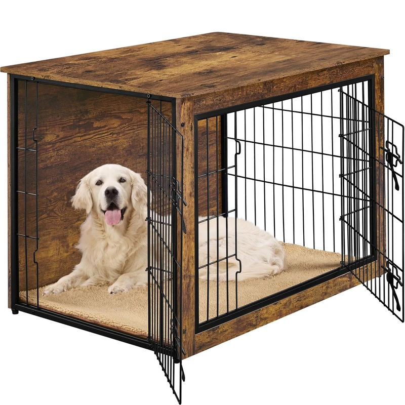 Yaheetech Indoor Dog Crate Furniture End Table with Cushion & Double Doors for Shiba Inus, Bichon Frises, Shih Tzus, Medium Dog Cage 96x65x67.5 cm, Rustic Brown