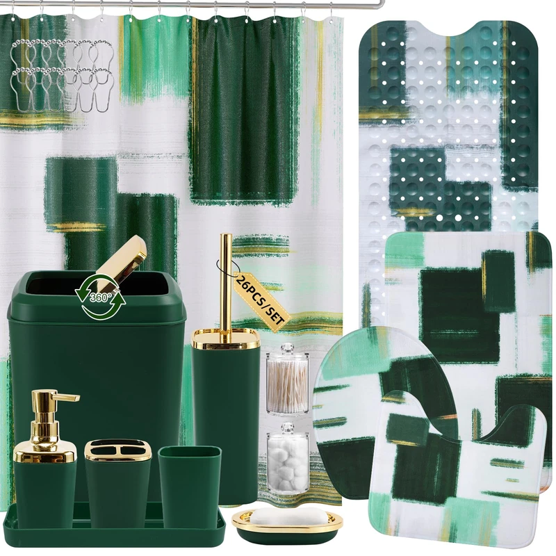 XLHOMO Bathroom Accessories Set - 26PCS Dark Green Bathroom Set, Bathroom Accessory Set with Shower Curtain and Rugs and Bathtub Mats for Home