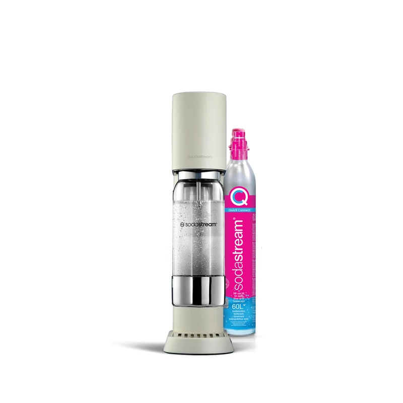 SodaStream ensō Sparkling Water and Soda Machine | Pack of 1 Bottle 1L Dishwasher Safe + 1 60L Gas Refill to Clip On | Sand White Finish