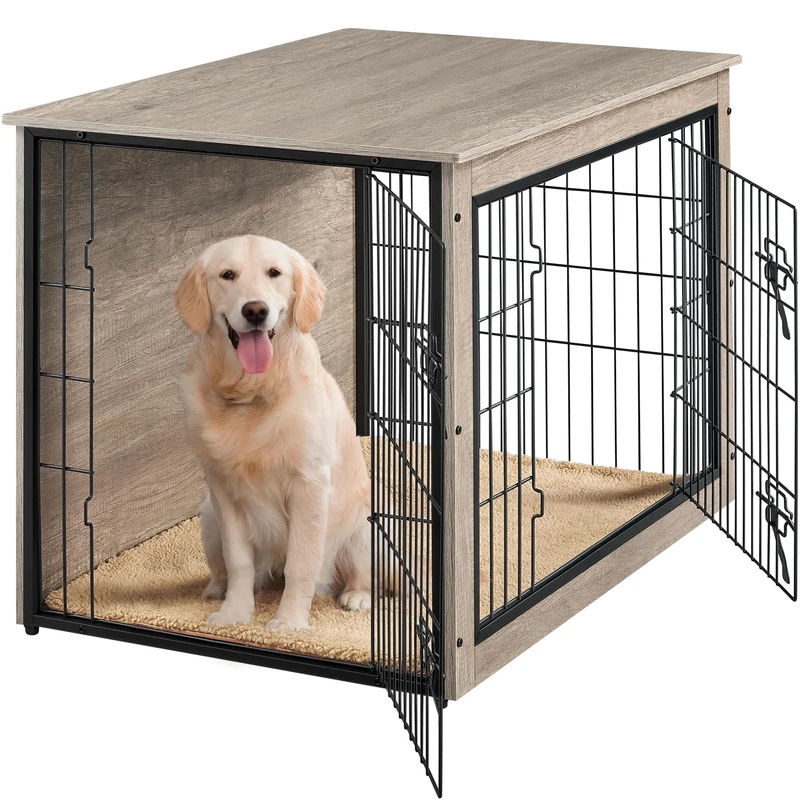 Yaheetech Indoor Dog Crate Furniture End Table with Cushion & Double Doors for Shiba Inus, Bichon Frises, Shih Tzus, Medium Dog Cage 96x65x67.5 cm, Grey