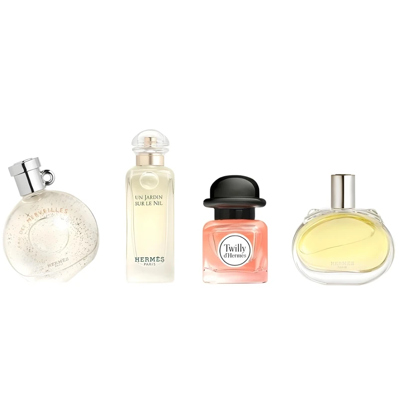Hermès Discovery 4-Piece Miniature Fragrance Gift Set for Women – Includes Barenia EDP, Terre d’Hermès EDP, Eau des Merveilles EDT, and Un Jardin Sur Le Nil EDT each 0.25 oz/7.5 ml