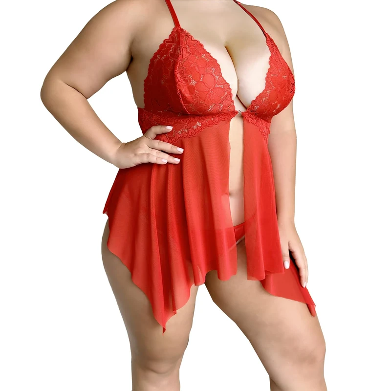 Real Intimate Plus Size Lingerie for Women Front Closure Lace Babydoll V Neck Lingerie Dress with C-string Panty 2 Piece (Red, 2XL)
