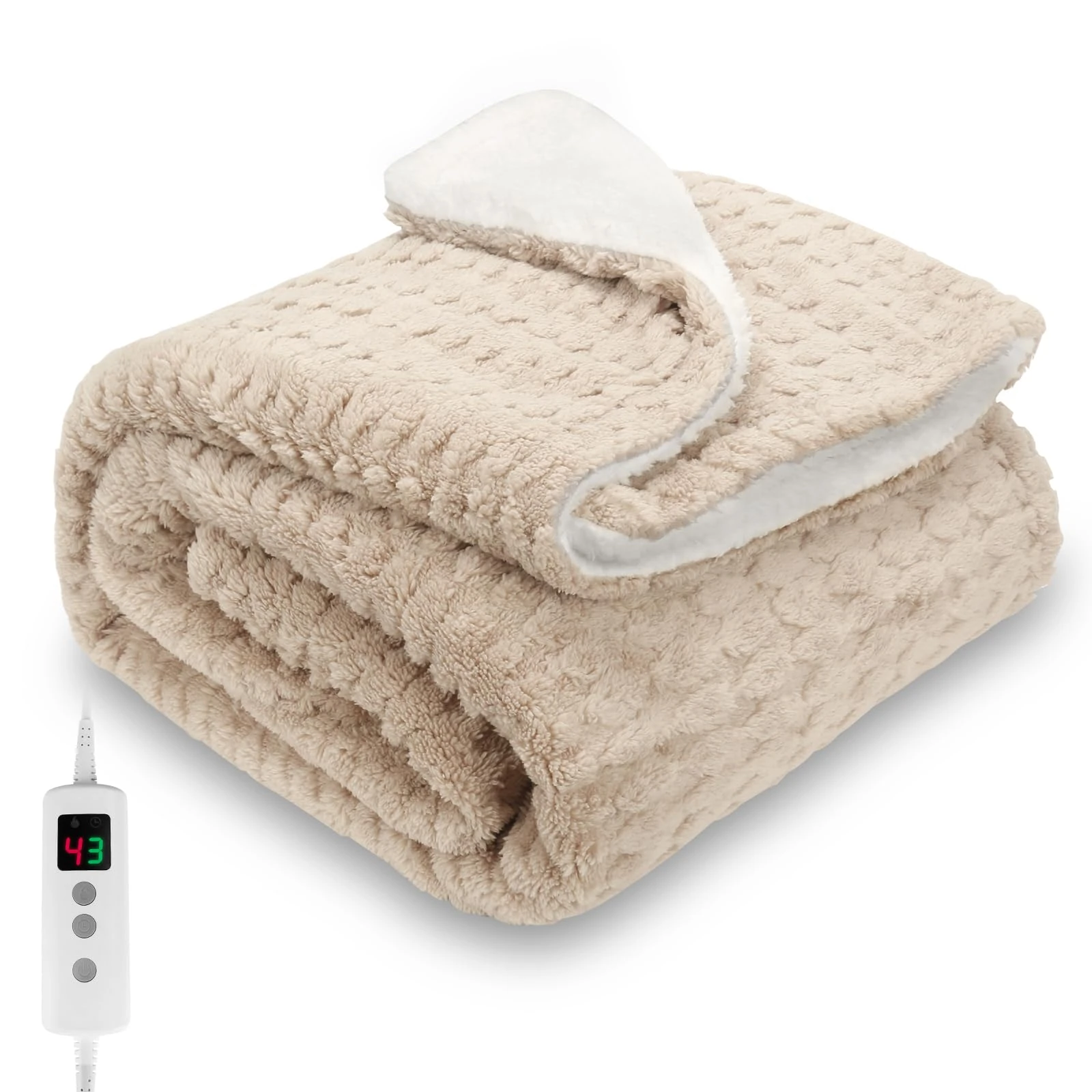 PROALLER Heated Blanket, Electric heated throw 160x130CM Beige, 10 Levels &1-9H Timer Auto-Off, Machine Washable, Soft Flannel Sherpa and Full Body Warming, Sofa Bed Office Use, warm blanket, electric