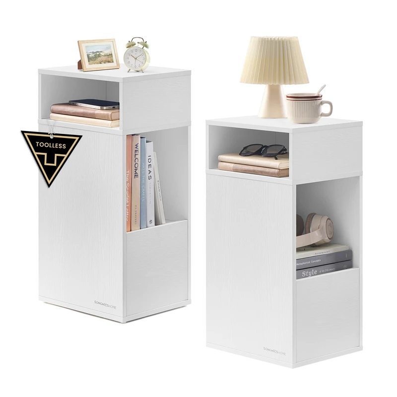 SONGMICS HOME Slim Bedside Table Set of 2, Superfast Toolless Assembly, Narrow Storage Side Table with 2 Open Compartments & 1 Drawer, Small Bed Side Cabinet, 30 x 25 x 59.4 cm, White LET912WE01