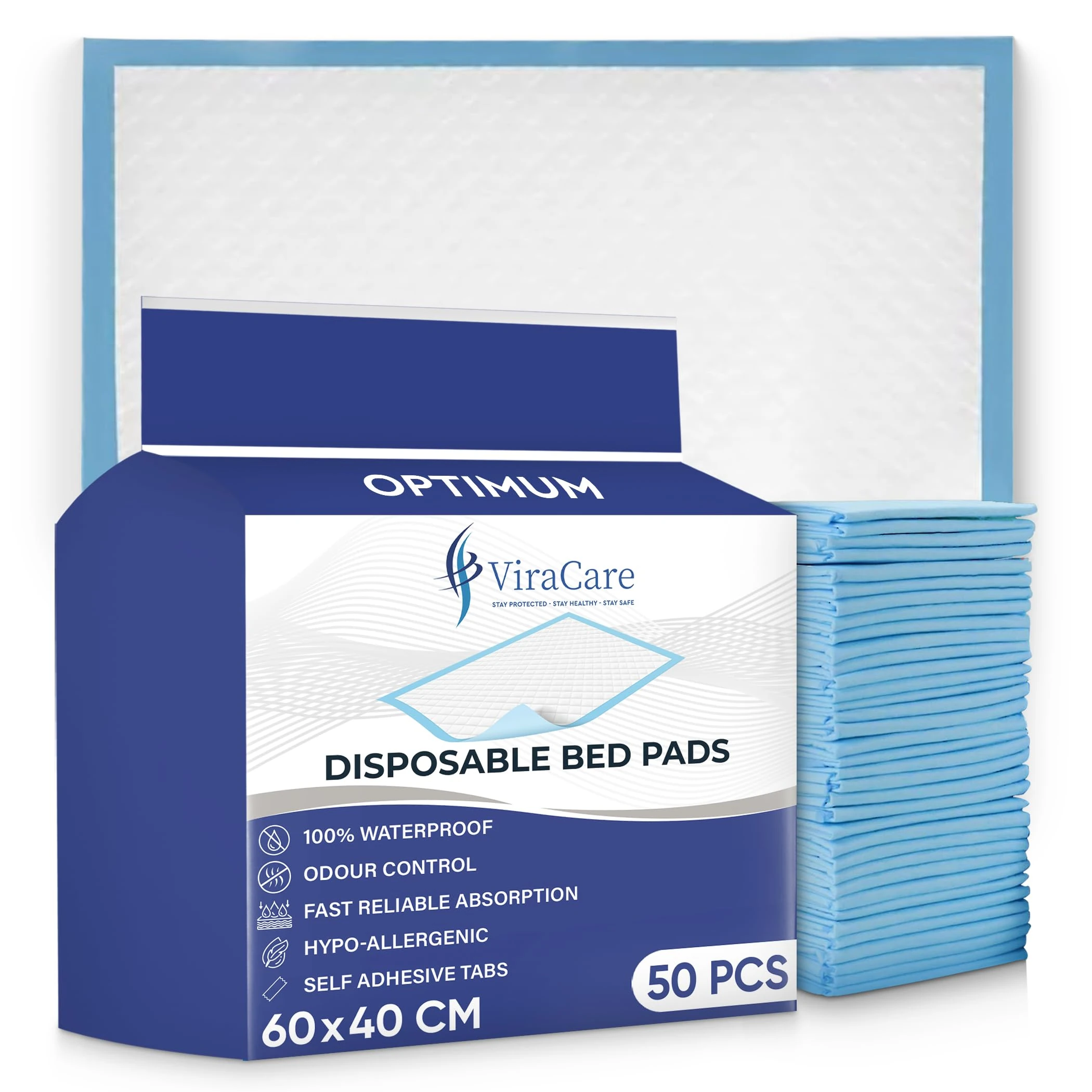 150 x Optimum Incontinence Bed Pads | 60 x 40 cm | Incontinence Bed Sheets | Disposable Mattress Protector | Self Adhesive Tabs | Absorbent Pads | (3 Packs of 50)