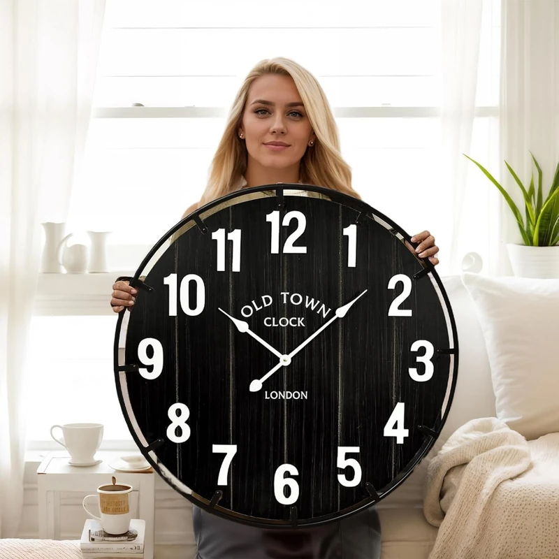 EMAX HOME Farmhouse Black 24 Inch Wooden Large Wall Clock, Silent Non-Ticking Quartz Movement, Battery Operated Modern Rustic Clock for Living Room, Kitchen, Office, Home Decor