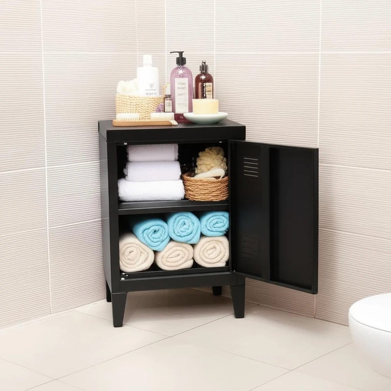 FurnitureR 1-Pack Black Cabinet, Industrial Style, Metal Construction, Bathroom Storage, Removable Shelf, Space-Saving Design