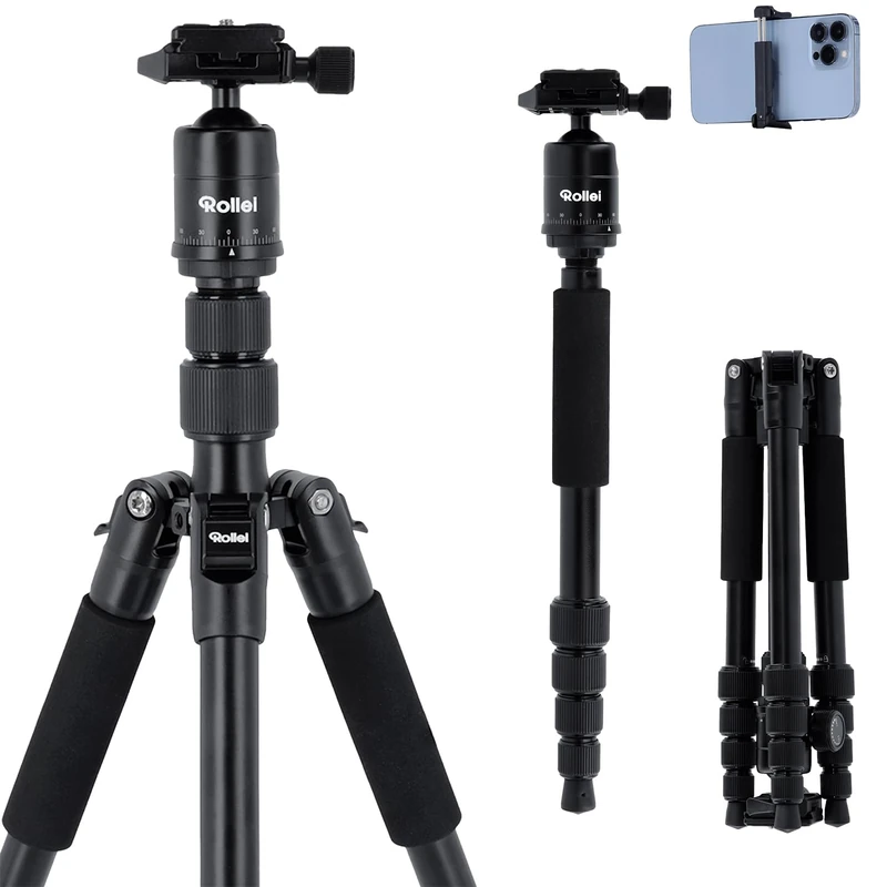 Rollei Compact Creator Tripod Camera 152 cm Aluminium Travel Tripod Lightweight and Space-Saving with Integrated Mobile Phone Holder and Remote Shutter Release for DSLR and Mobile Phone